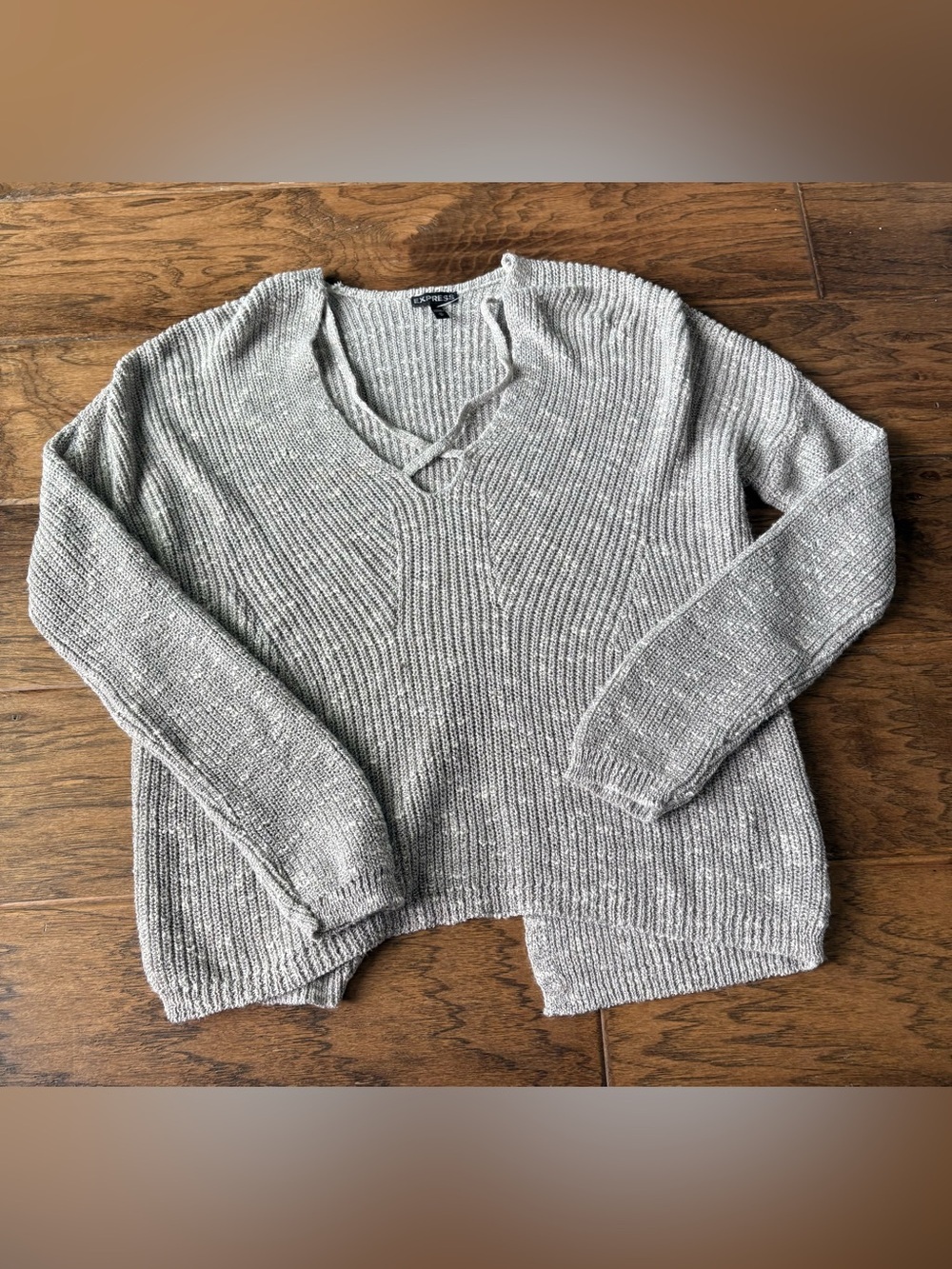 Express Gray Cable Knit V-Neck Sweater with Lace-Up Detail